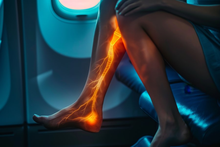 Osoba na zdjęciu siedzi na miejscu w samolocie, co może sugerować puchnięcie nóg w podróży. Długotrwałe siedzenie w jednej pozycji, zwłaszcza podczas lotów, może prowadzić do obrzęku nóg z powodu słabego krążenia. Warto wtedy robić przerwy na rozciąganie i poruszanie nogami, aby poprawić przepływ krwi.